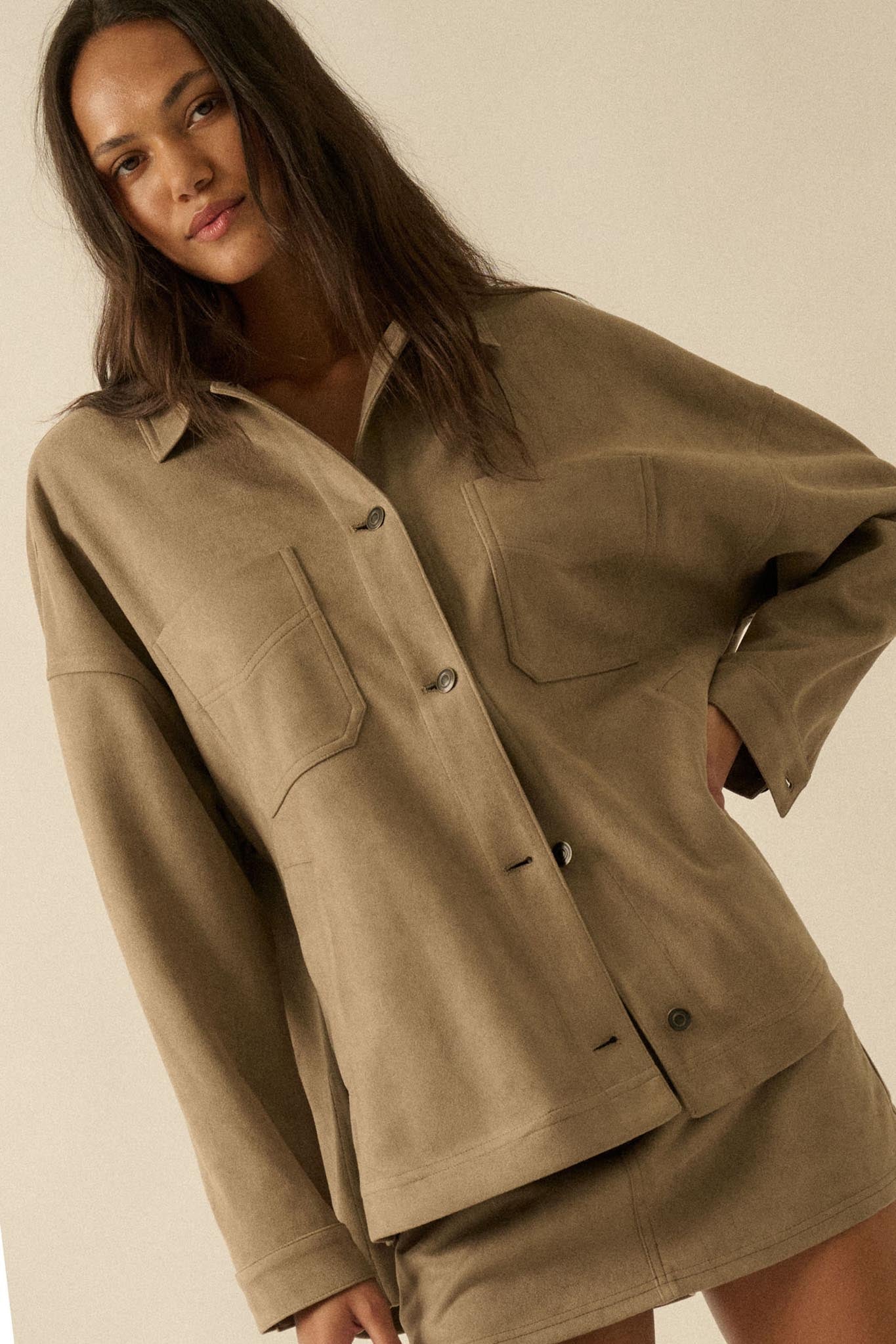 Soft Spoken Vegan Suede Pocket Shacket - ShopPromesa