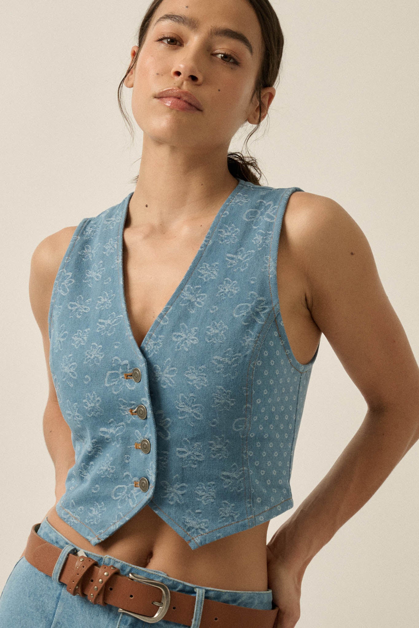 Denim Blooms Floral Jacquard Denim Cropped Vest - ShopPromesa