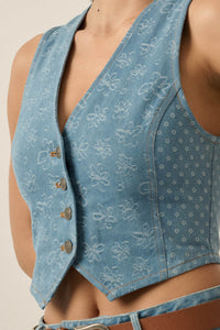 Denim Blooms Floral Jacquard Denim Cropped Vest - ShopPromesa