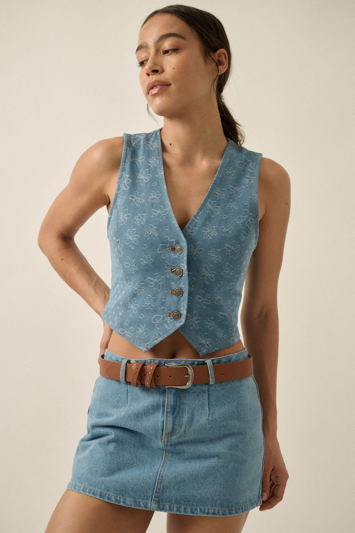 Denim Blooms Floral Jacquard Denim Cropped Vest - ShopPromesa