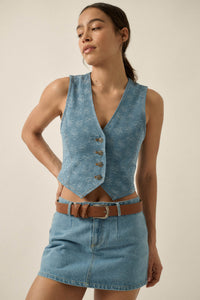 Denim Blooms Floral Jacquard Denim Cropped Vest - ShopPromesa