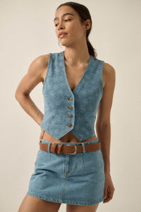 Denim Blooms Floral Jacquard Denim Cropped Vest - ShopPromesa