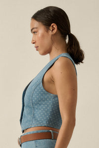 Denim Blooms Floral Jacquard Denim Cropped Vest - ShopPromesa
