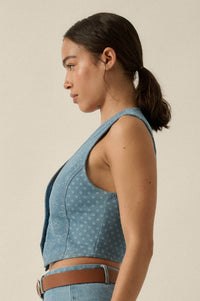 Denim Blooms Floral Jacquard Denim Cropped Vest - ShopPromesa