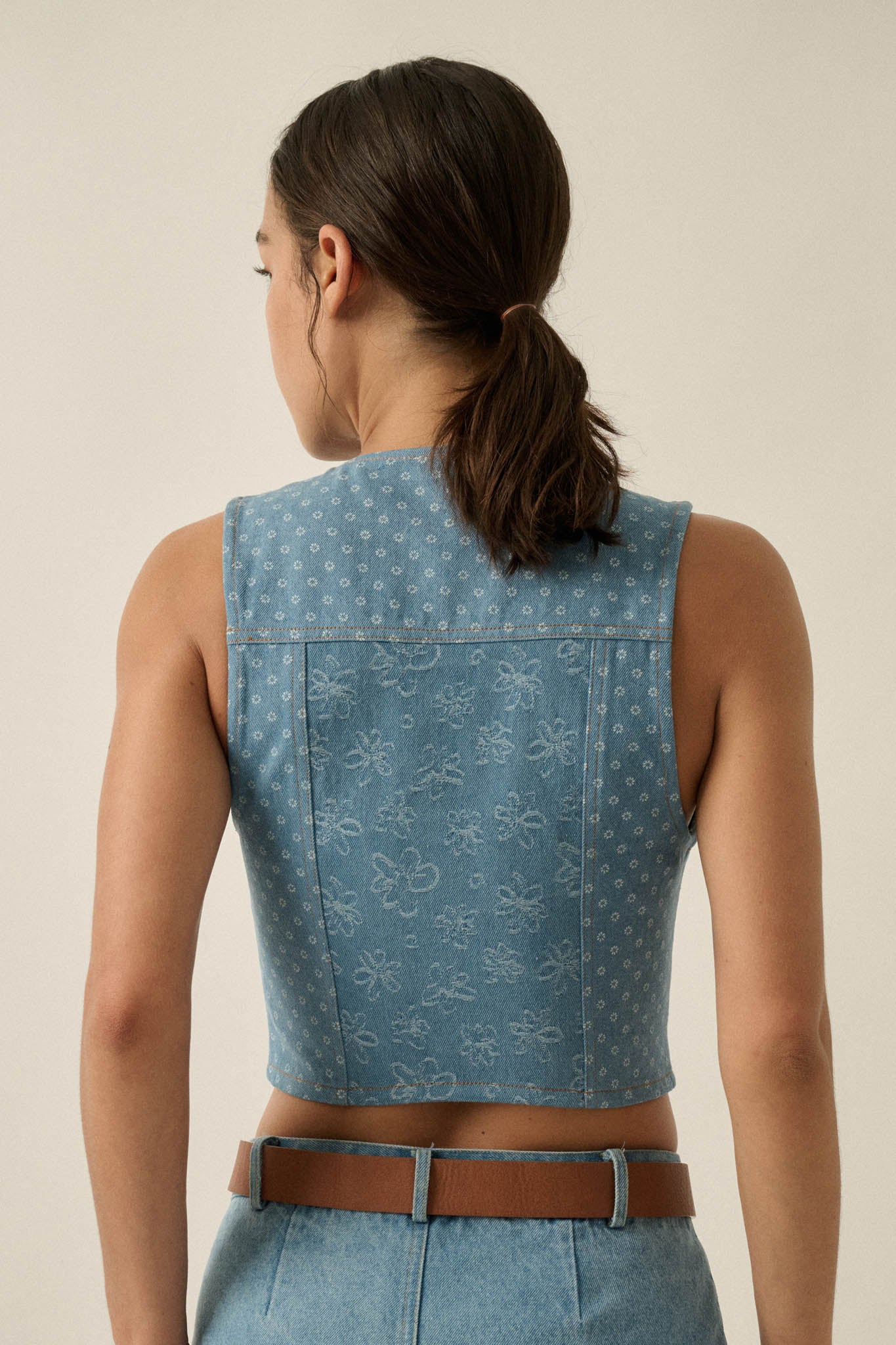 Denim Blooms Floral Jacquard Denim Cropped Vest - ShopPromesa
