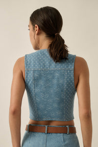 Denim Blooms Floral Jacquard Denim Cropped Vest - ShopPromesa