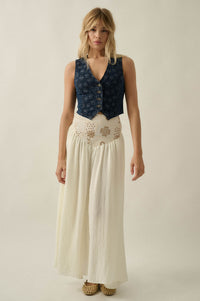 Denim Blooms Floral Jacquard Denim Cropped Vest - ShopPromesa