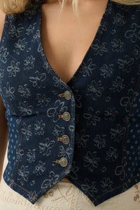 Denim Blooms Floral Jacquard Denim Cropped Vest - ShopPromesa