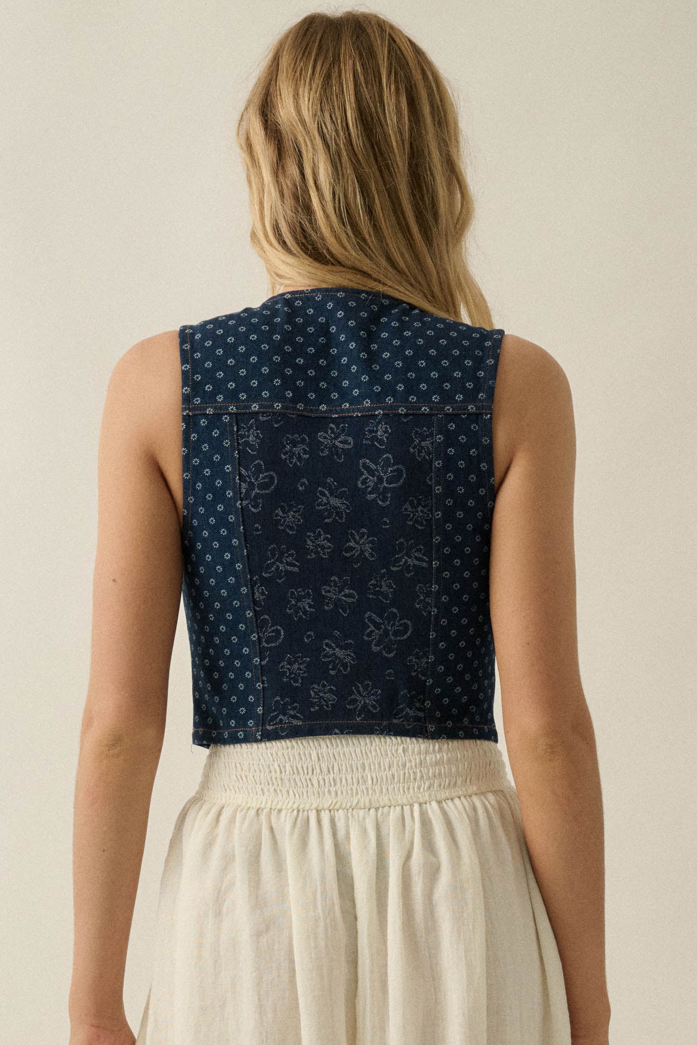 Denim Blooms Floral Jacquard Denim Cropped Vest - ShopPromesa