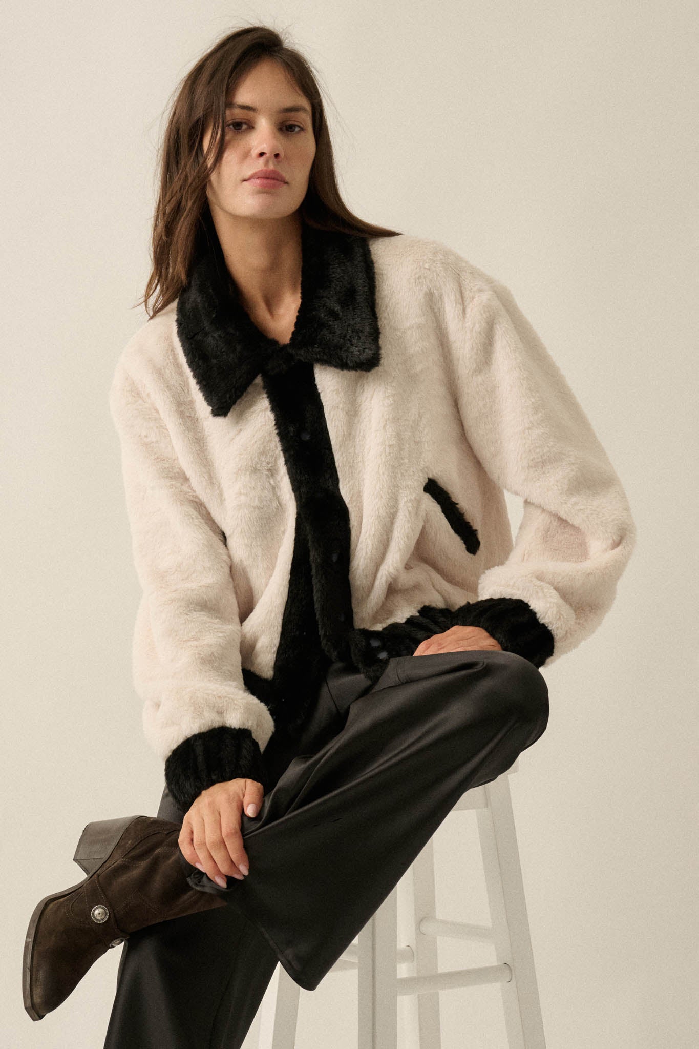 Go Fur It Contrast Faux Fur Collared Pocket Jacket - ShopPromesa