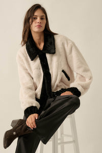 Go Fur It Contrast Faux Fur Collared Pocket Jacket - ShopPromesa