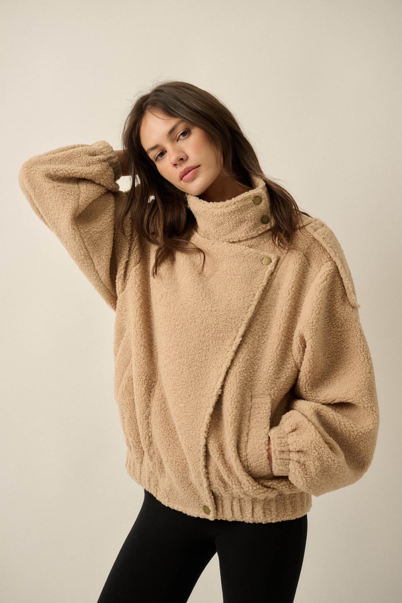 Slow Lane Sherpa Fleece High-Collar Moto Jacket - ShopPromesa