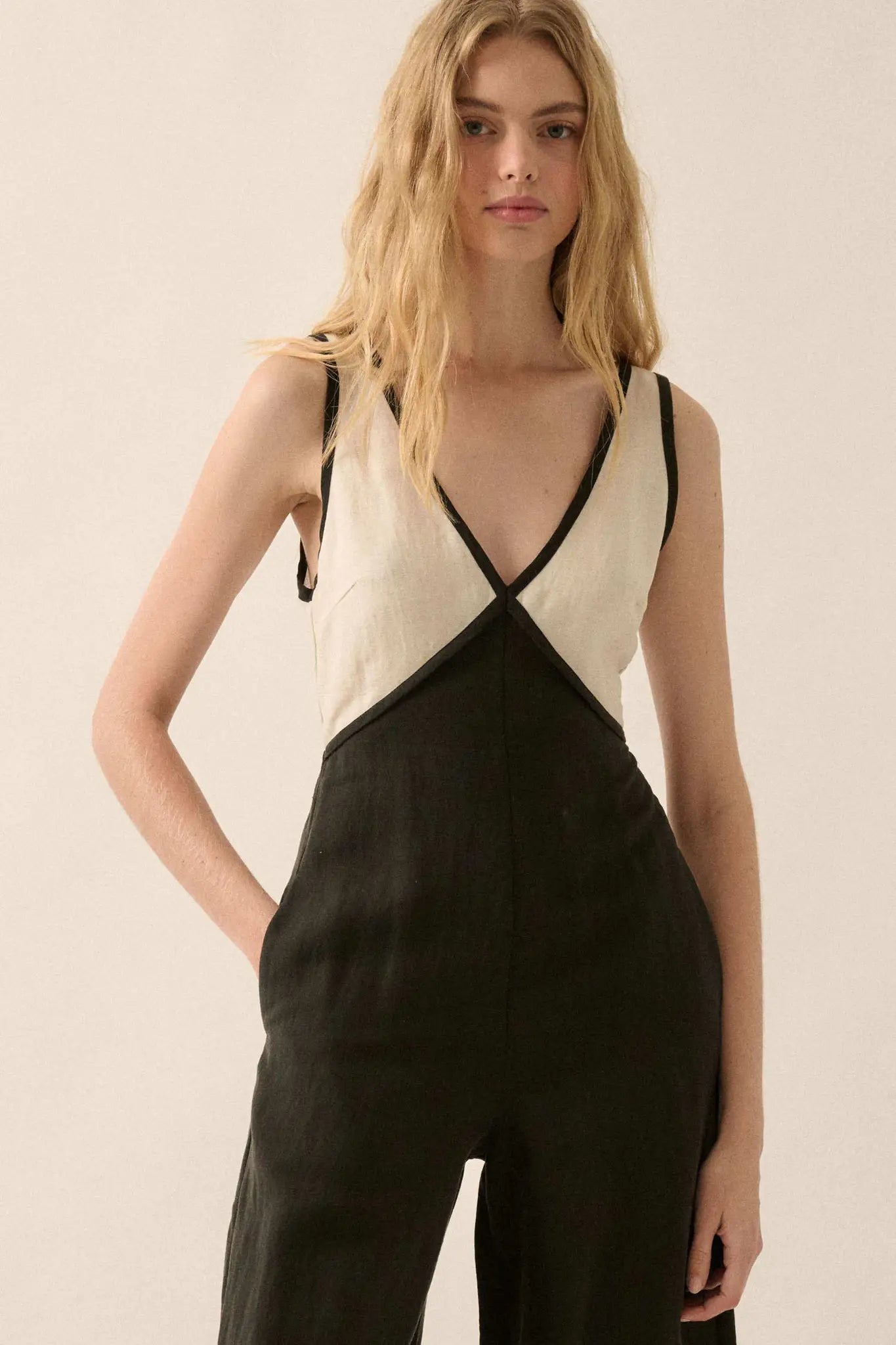 Second Nature Colorblock Linen-Blend Jumpsuit