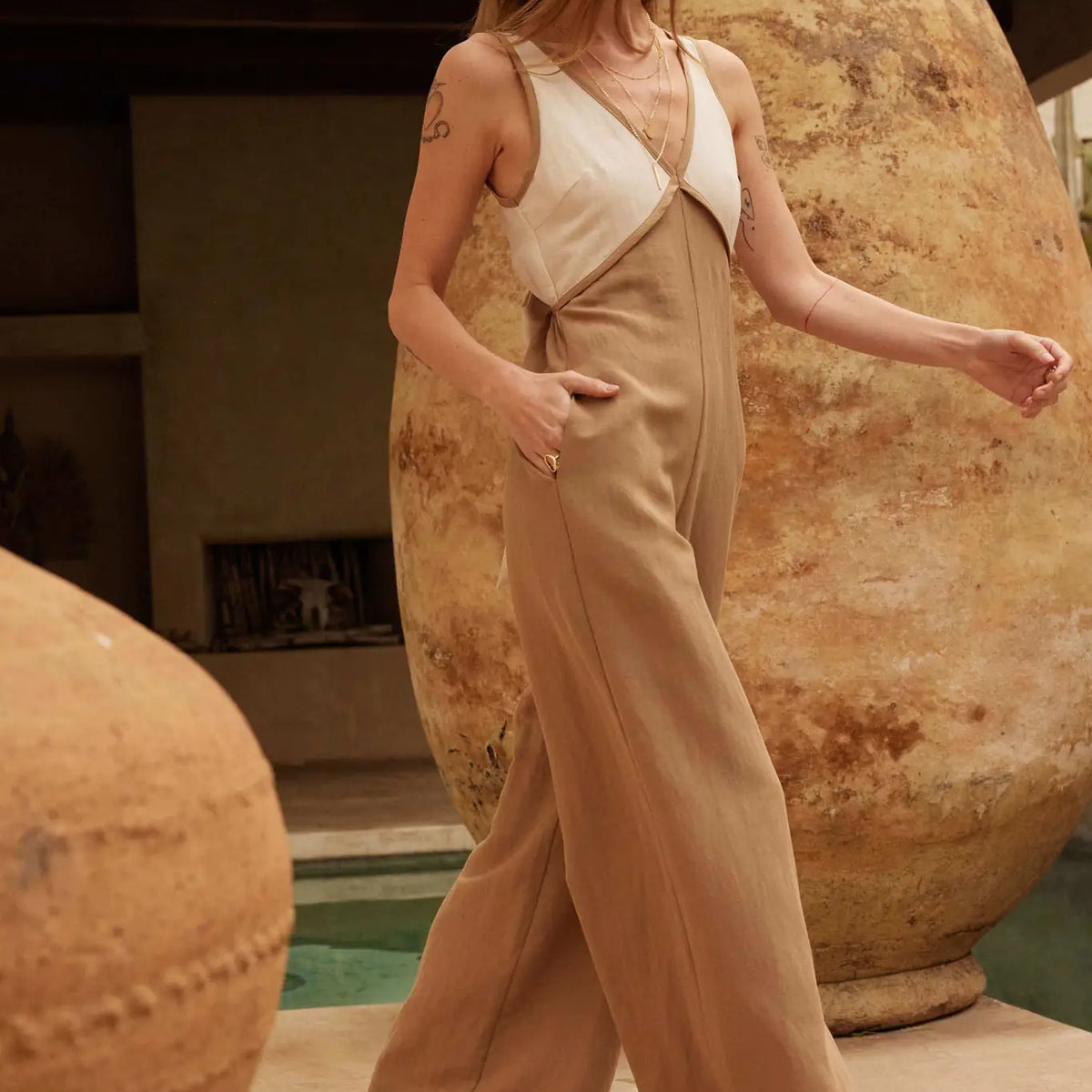 Second Nature Colorblock Linen-Blend Jumpsuit