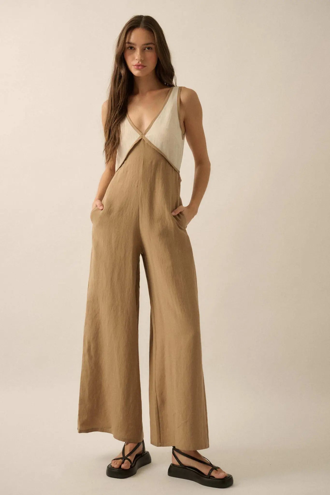 Second Nature Colorblock Linen-Blend Jumpsuit