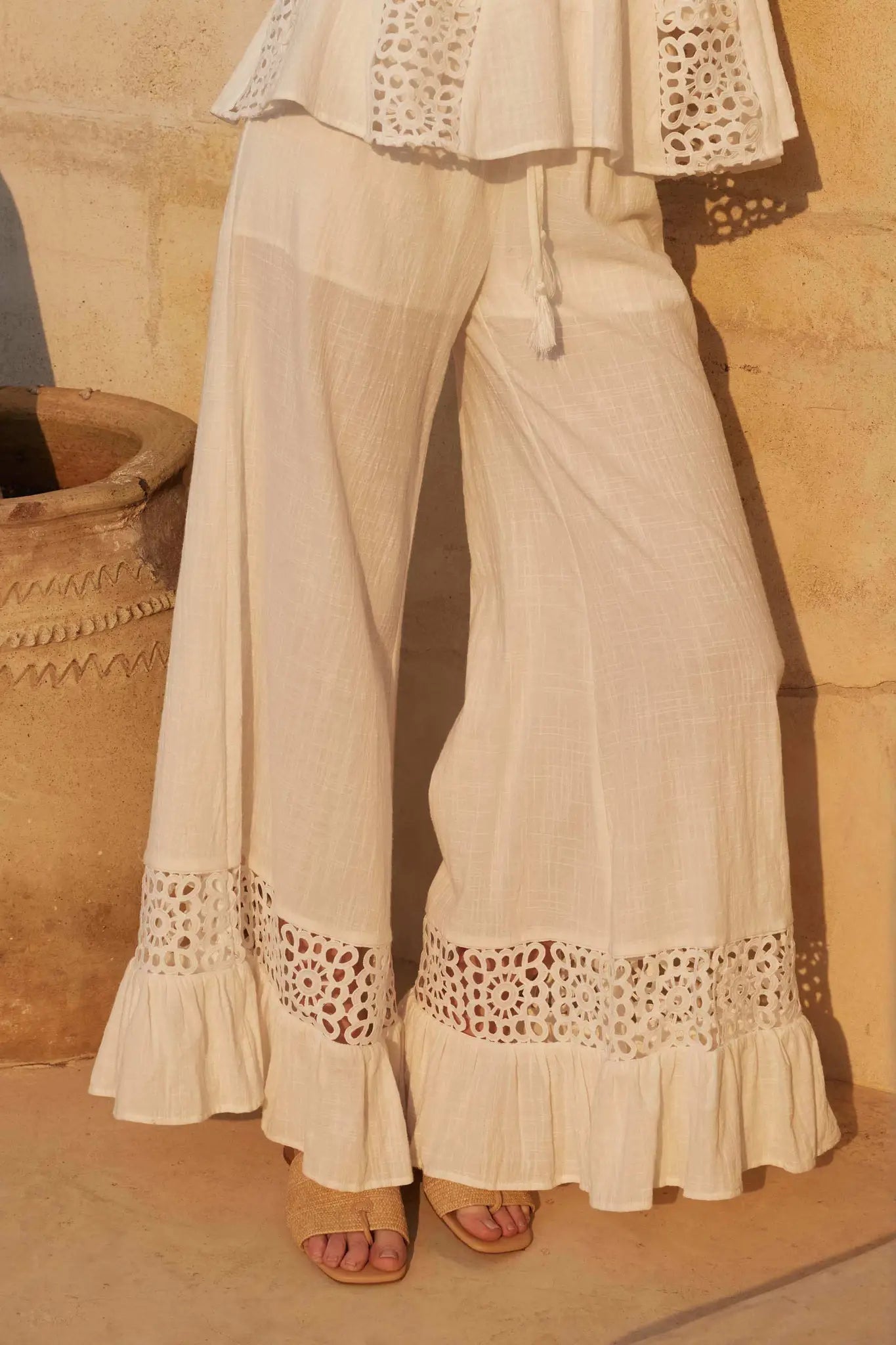 Free Spirit Lace-Inset Ruffled Wide-Leg Pants - ShopPromesa