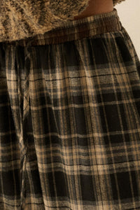 Plaid Influence Wide-Leg Drawstring Flannel Pants - ShopPromesa