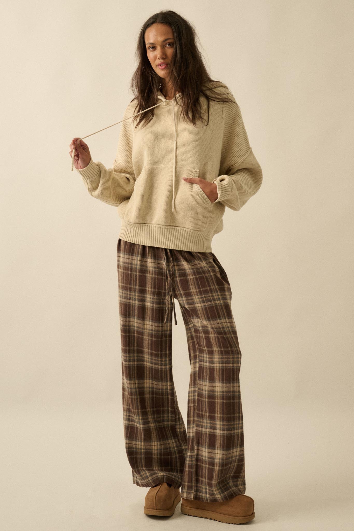 Plaid Influence Wide-Leg Drawstring Flannel Pants - ShopPromesa
