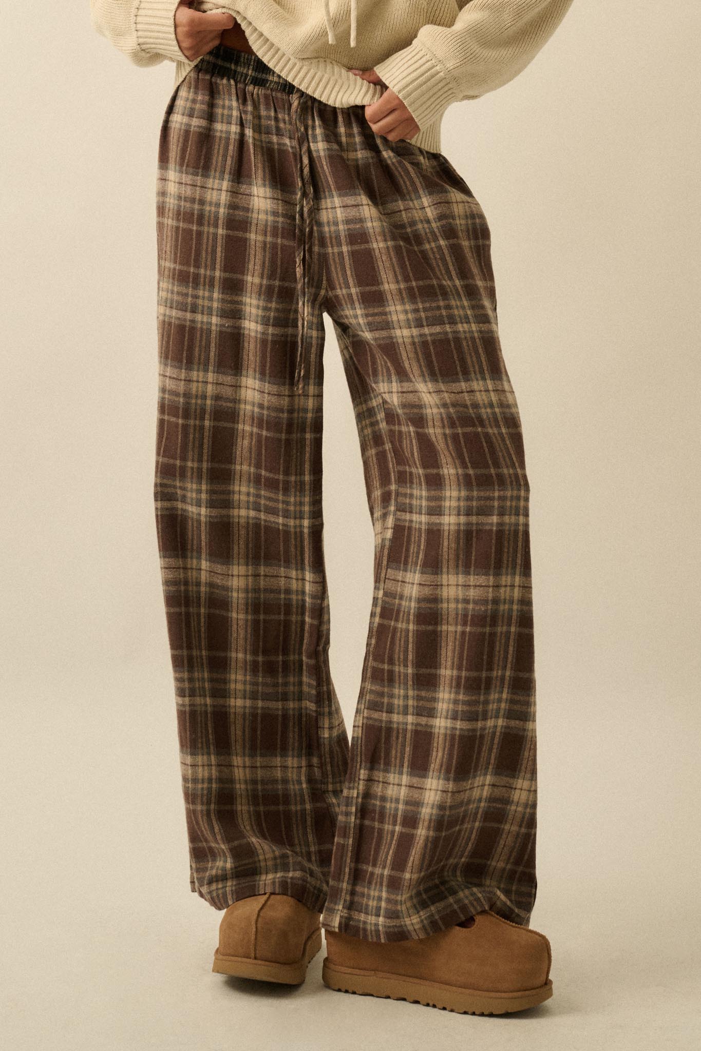 Plaid Influence Wide-Leg Drawstring Flannel Pants - ShopPromesa