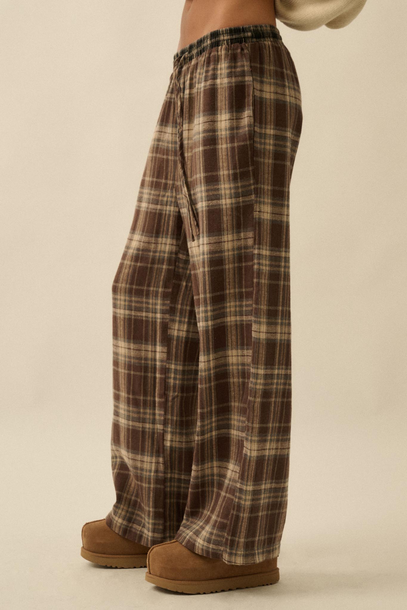 Plaid Influence Wide-Leg Drawstring Flannel Pants - ShopPromesa