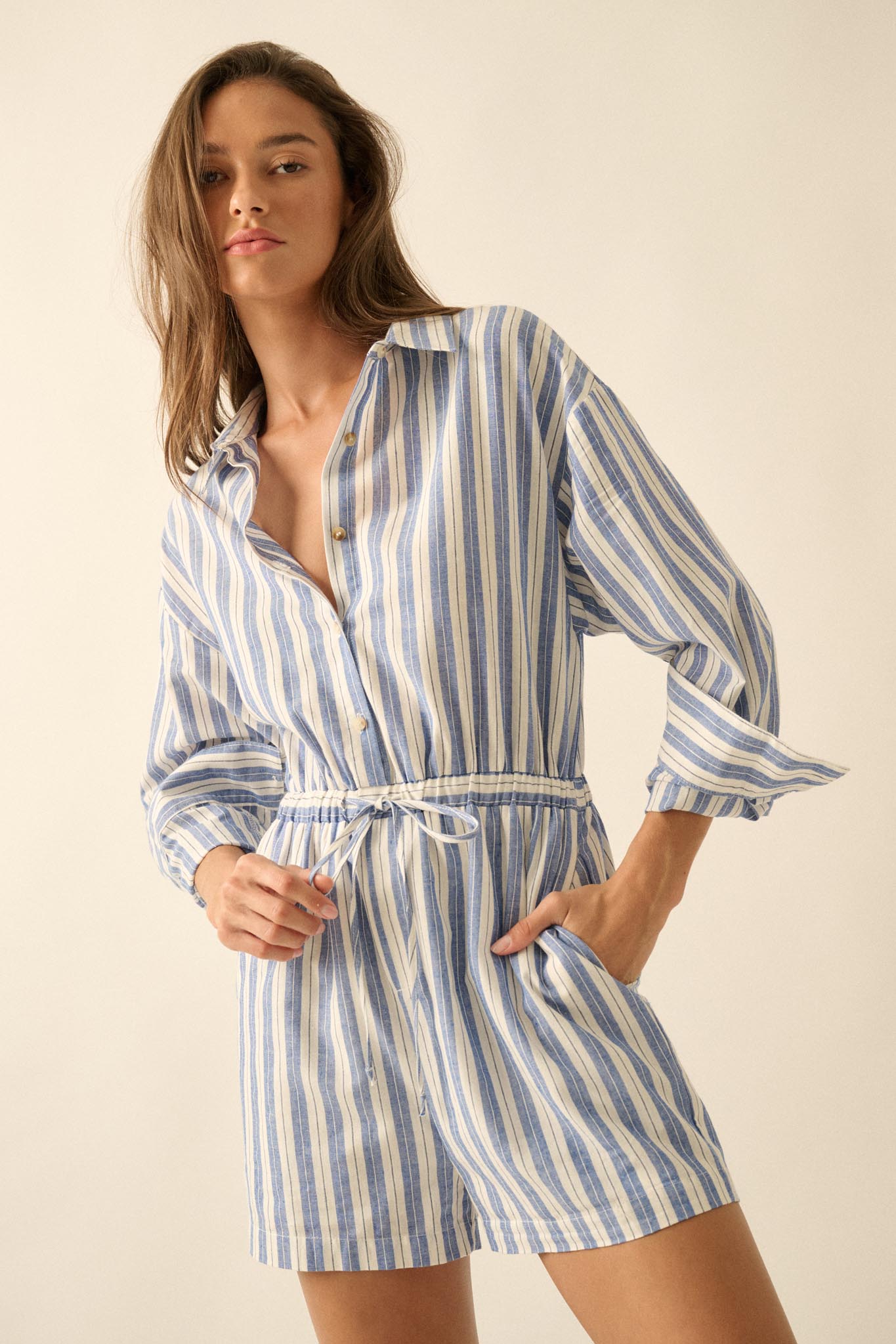 Lake Days Striped Drawstring Shirt Romper - ShopPromesa