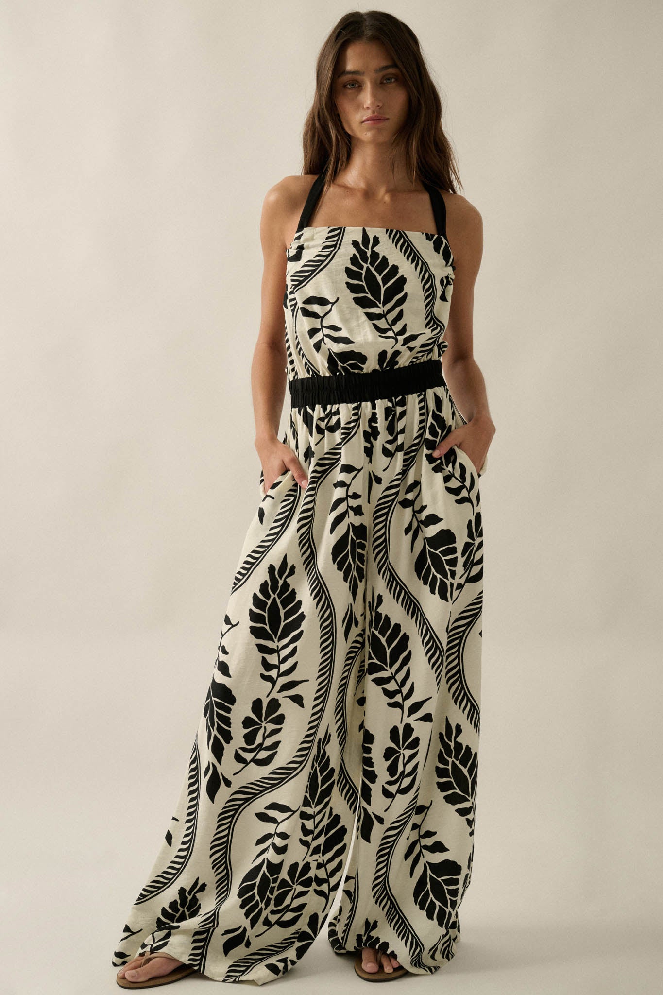 Jungle Queen Tropical-Print Wide-Leg Halter Jumpsuit - ShopPromesa