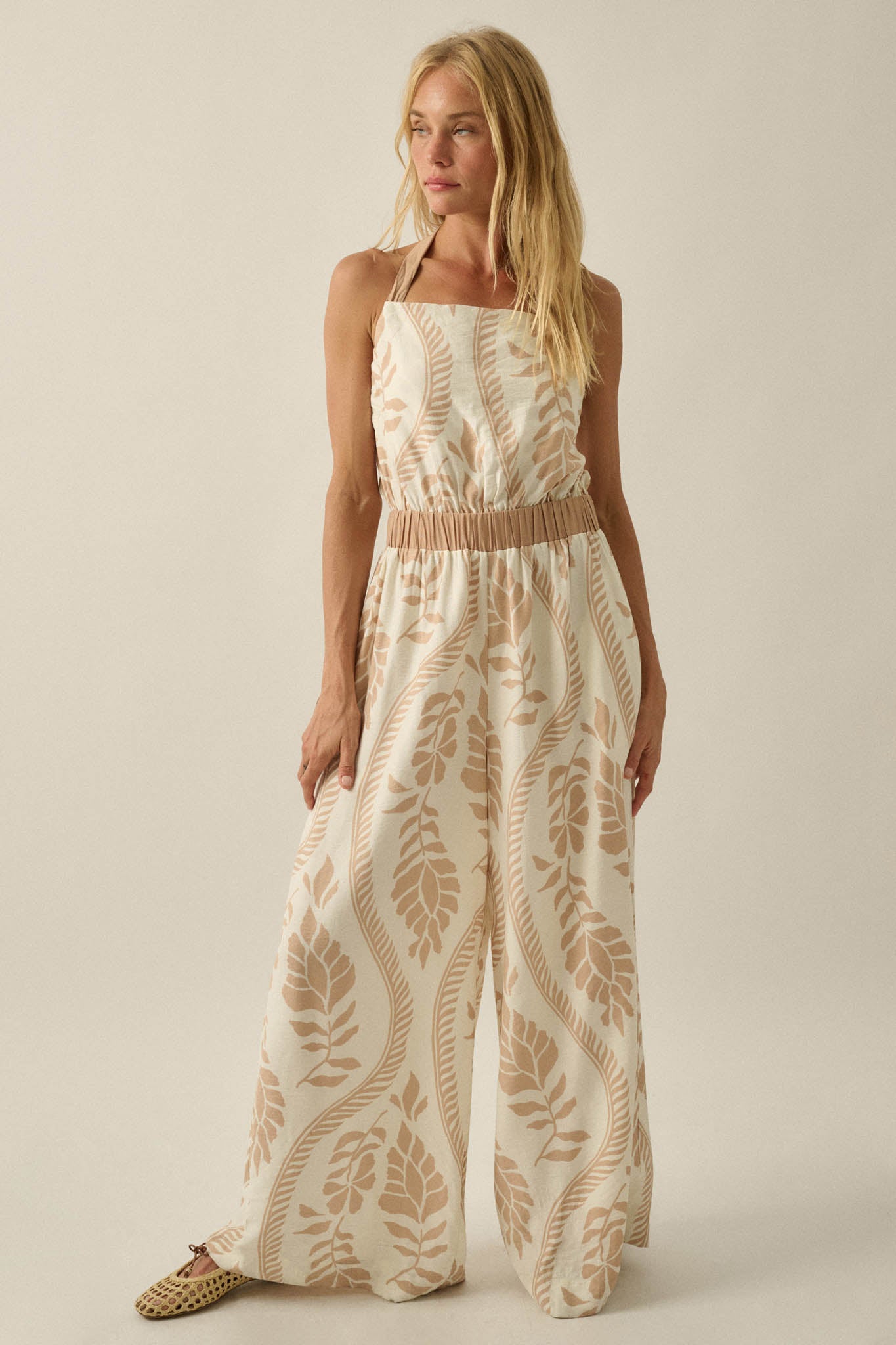 Jungle Queen Tropical-Print Wide-Leg Halter Jumpsuit - ShopPromesa