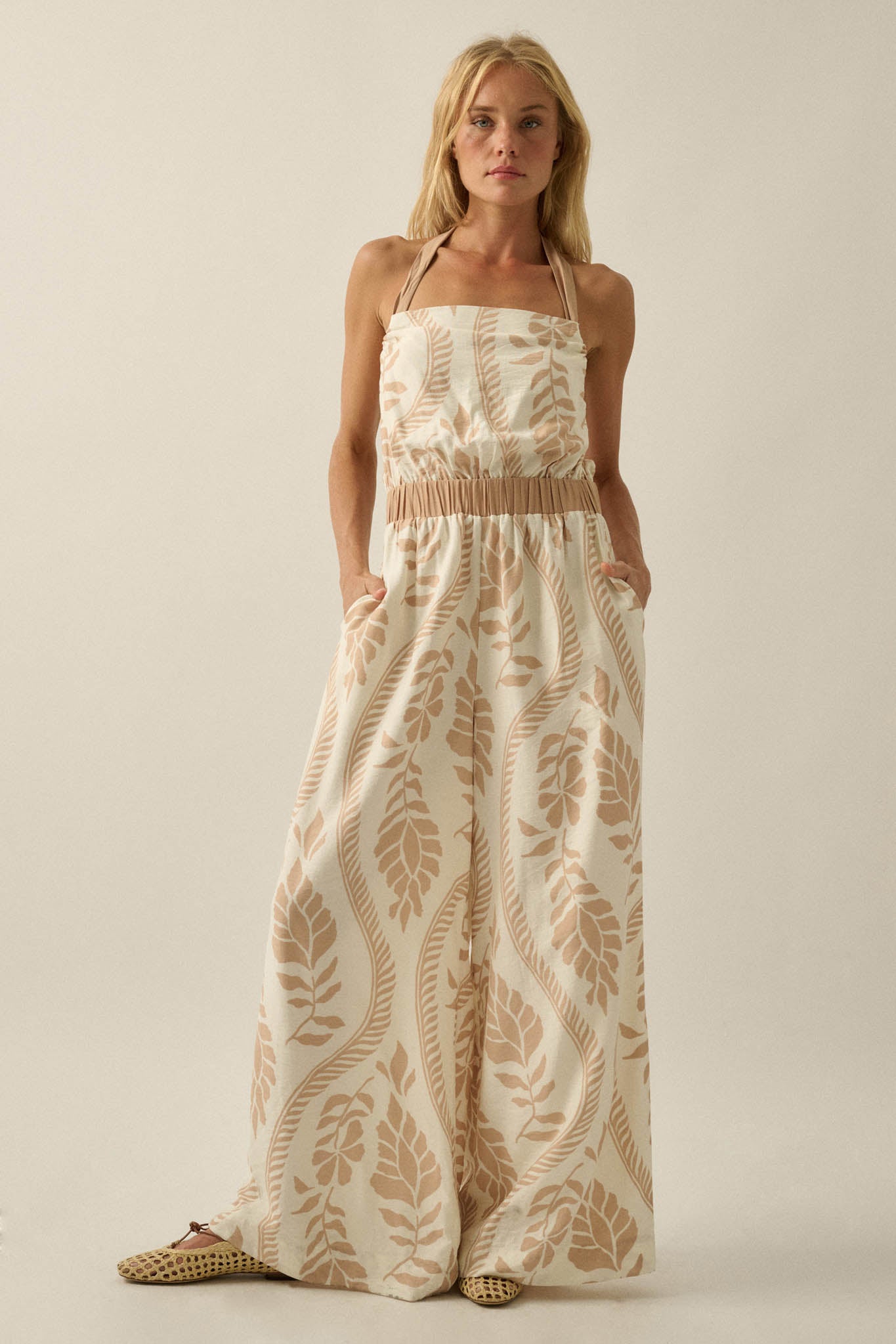 Jungle Queen Tropical-Print Wide-Leg Halter Jumpsuit - ShopPromesa