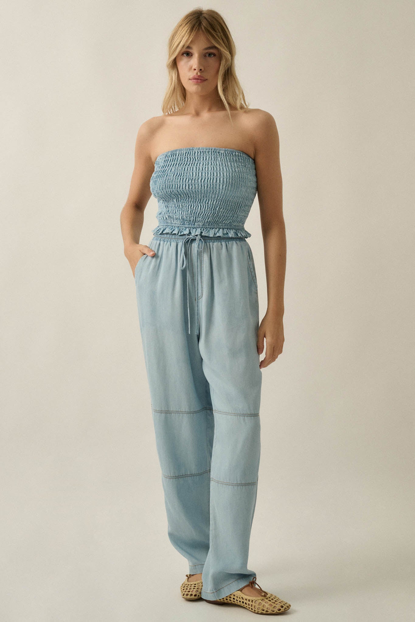 Chasing Clouds Denim Drawstring Barrel Pants - ShopPromesa