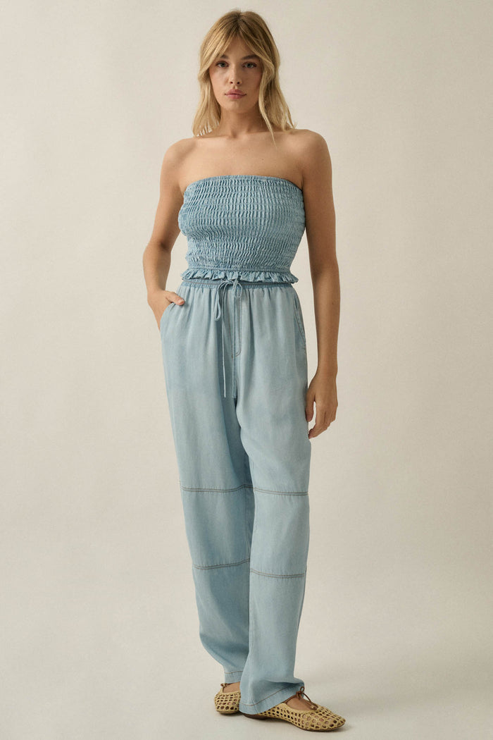 Chasing Clouds Denim Drawstring Barrel Pants - ShopPromesa