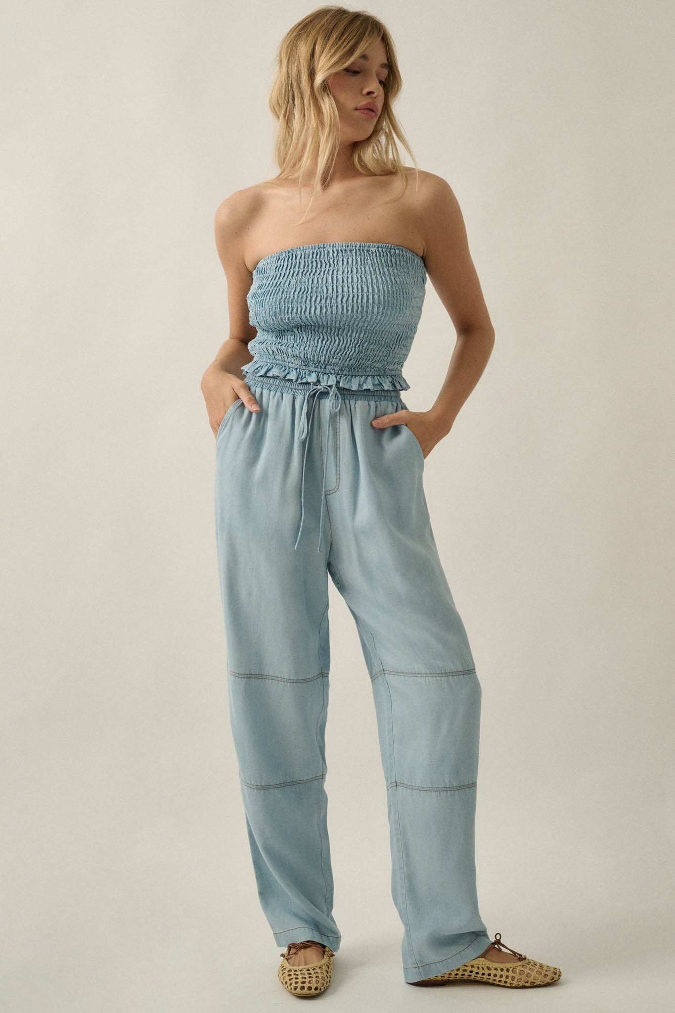 Chasing Clouds Denim Drawstring Barrel Pants - ShopPromesa