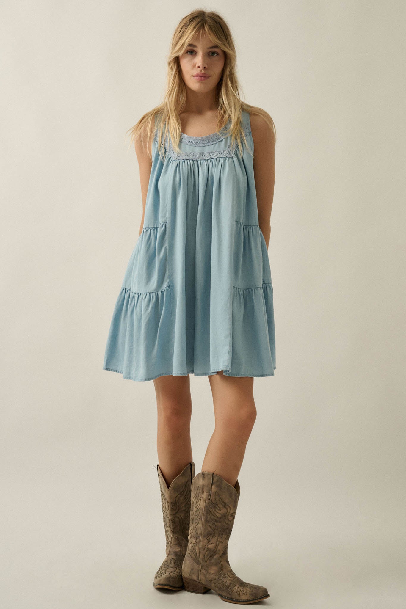 Wind Catcher Lace-Trim Denim Tiered Babydoll Romper - ShopPromesa