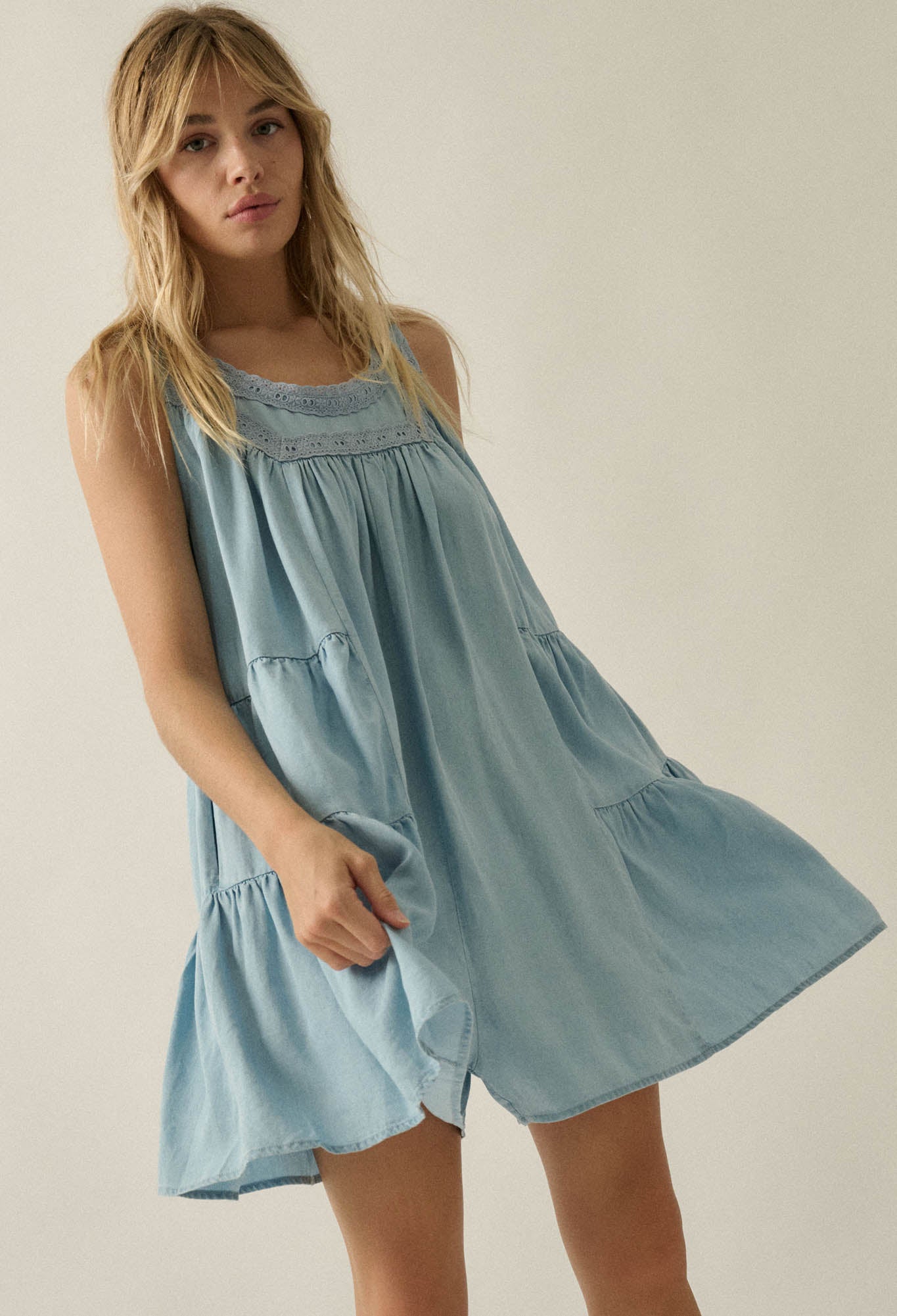 Wind Catcher Lace-Trim Denim Tiered Babydoll Romper - ShopPromesa