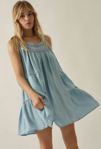 Wind Catcher Lace-Trim Denim Tiered Babydoll Romper - ShopPromesa