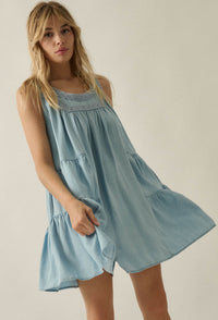 Wind Catcher Lace-Trim Denim Tiered Babydoll Romper - ShopPromesa