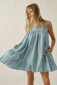 Wind Catcher Lace-Trim Denim Tiered Babydoll Romper - ShopPromesa