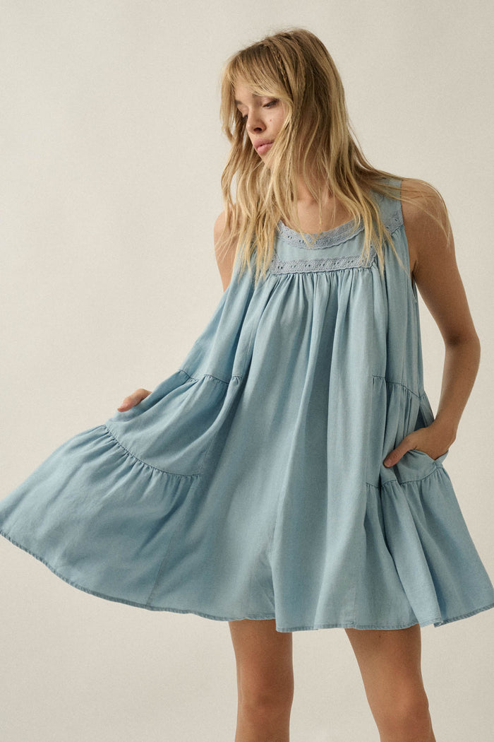 Wind Catcher Lace-Trim Denim Tiered Babydoll Romper - ShopPromesa