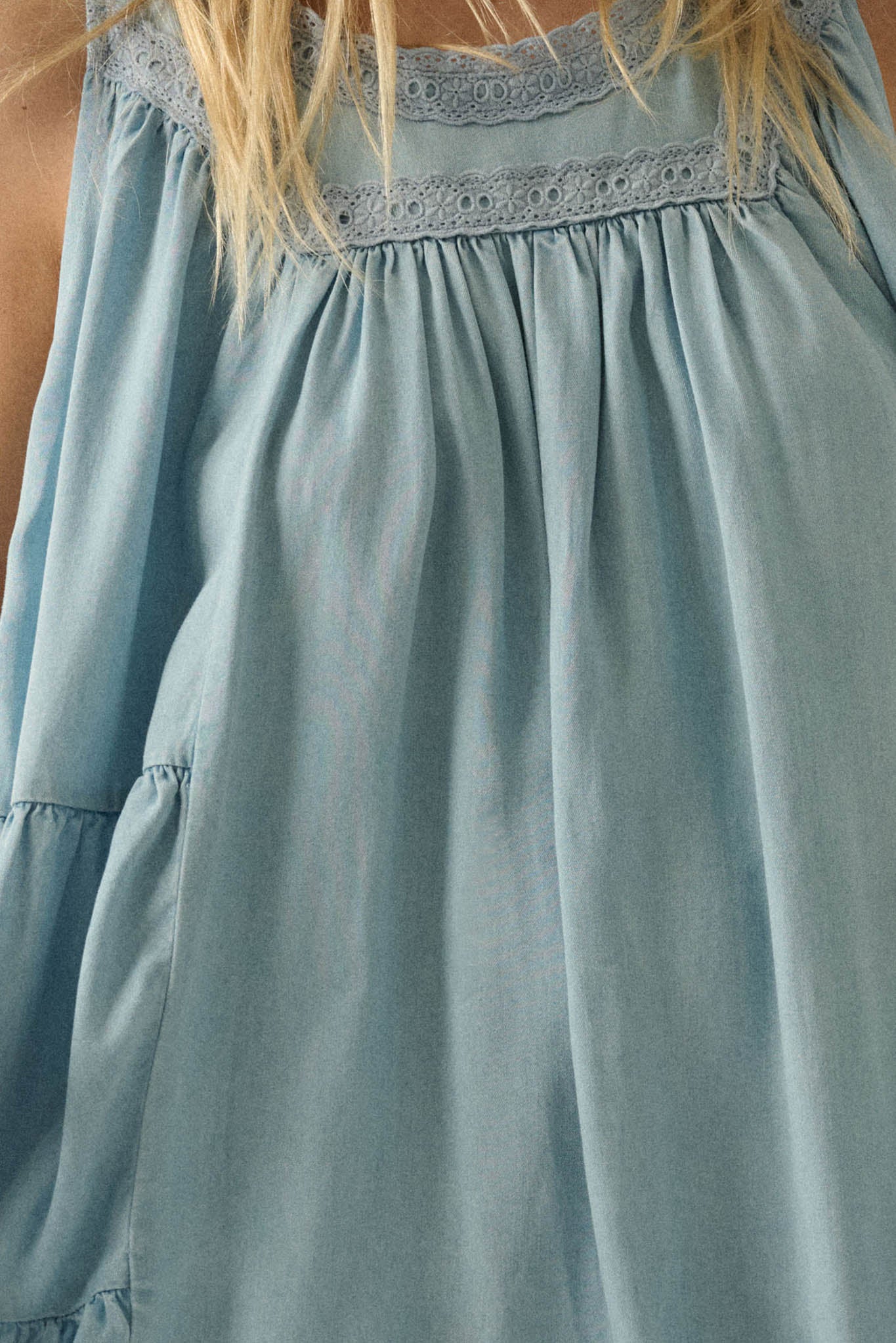 Wind Catcher Lace-Trim Denim Tiered Babydoll Romper - ShopPromesa