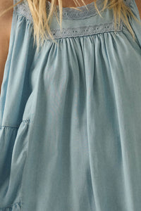 Wind Catcher Lace-Trim Denim Tiered Babydoll Romper - ShopPromesa
