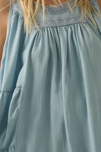 Wind Catcher Lace-Trim Denim Tiered Babydoll Romper - ShopPromesa