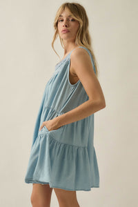 Wind Catcher Lace-Trim Denim Tiered Babydoll Romper - ShopPromesa