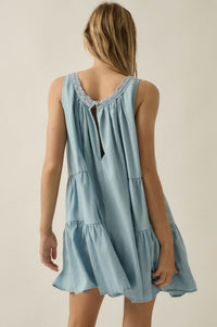 Wind Catcher Lace-Trim Denim Tiered Babydoll Romper - ShopPromesa