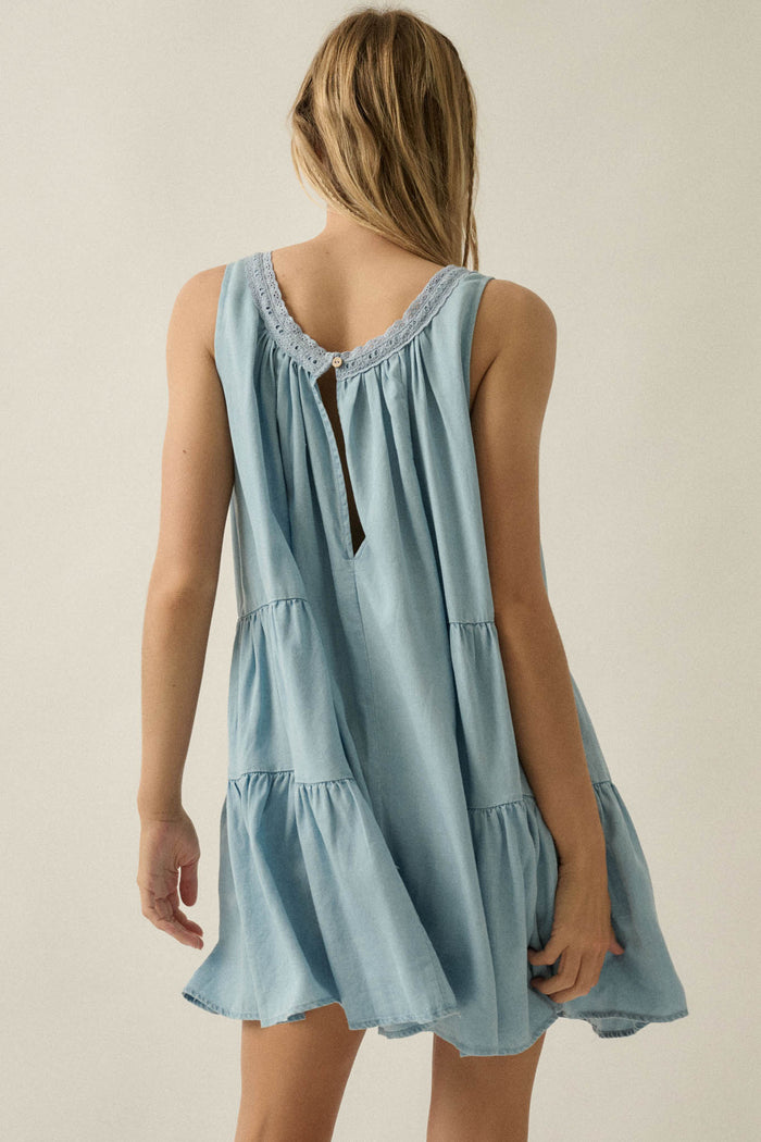 Wind Catcher Lace-Trim Denim Tiered Babydoll Romper - ShopPromesa