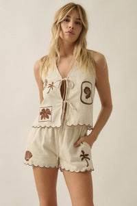 Sandy Beach Tropical-Embroidered Pocket Shorts - ShopPromesa