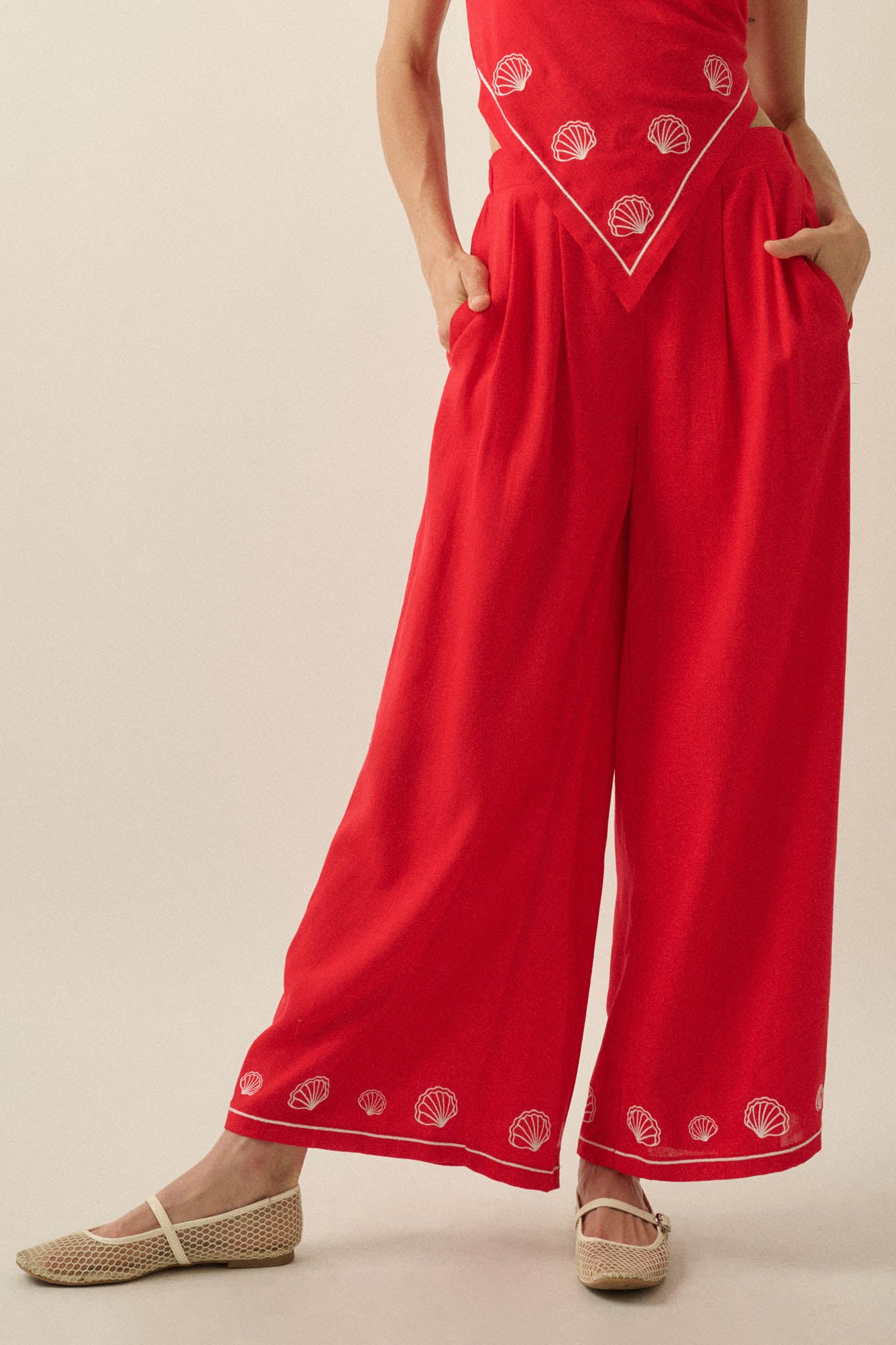 For Shore Shell-Embroidered Wide-Leg Pocket Pants - ShopPromesa