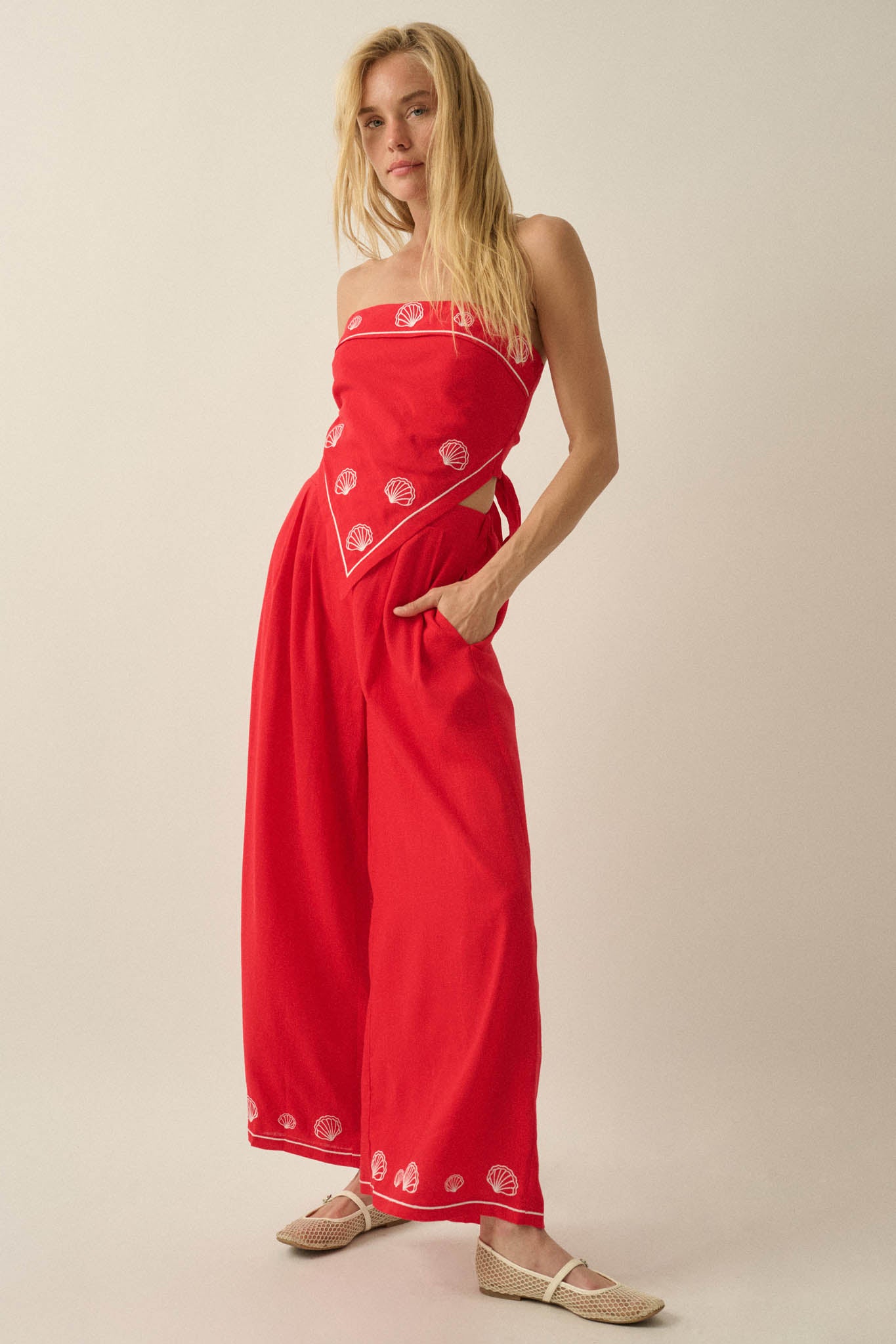 For Shore Shell-Embroidered Wide-Leg Pocket Pants - ShopPromesa