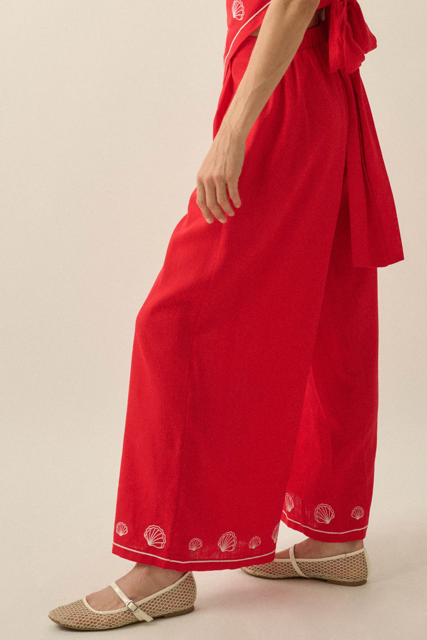 For Shore Shell-Embroidered Wide-Leg Pocket Pants - ShopPromesa