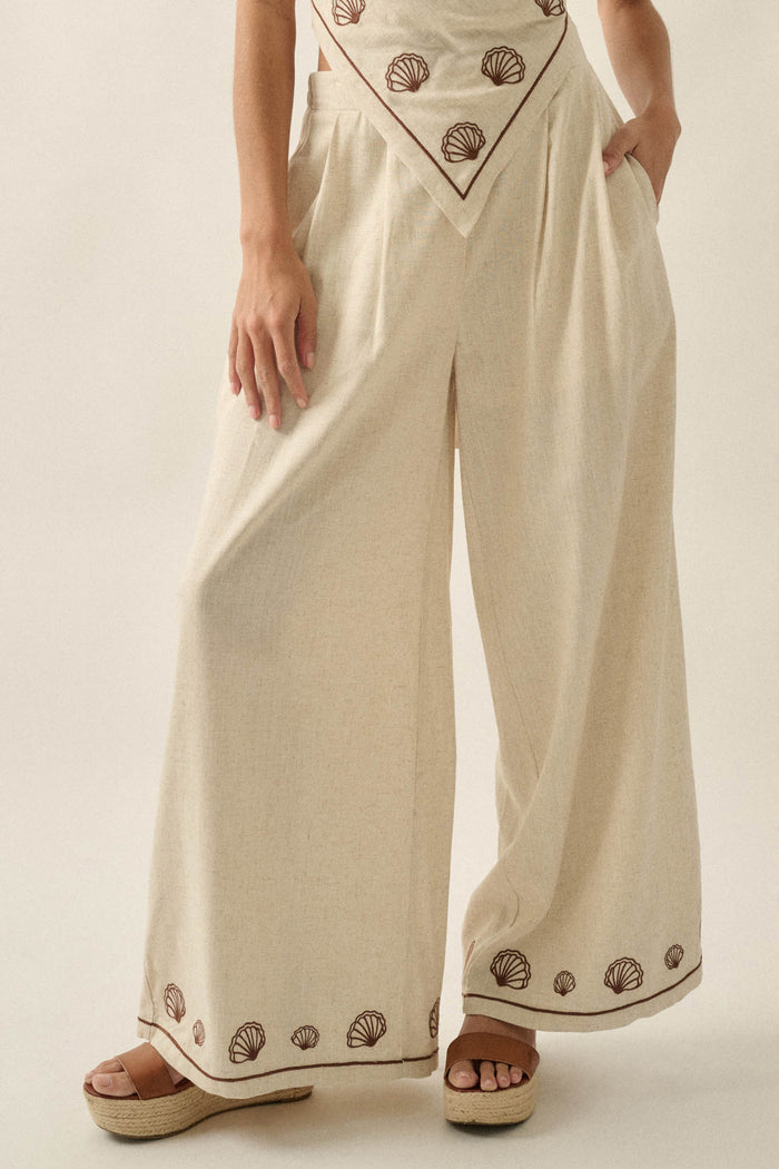 For Shore Shell-Embroidered Wide-Leg Pocket Pants - ShopPromesa