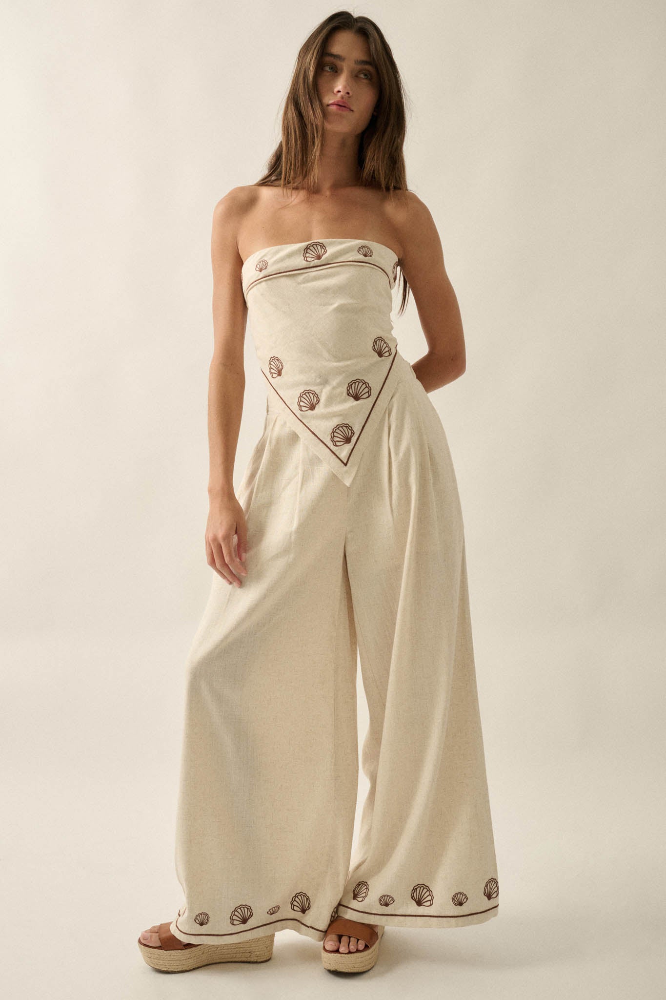 For Shore Shell-Embroidered Wide-Leg Pocket Pants - ShopPromesa