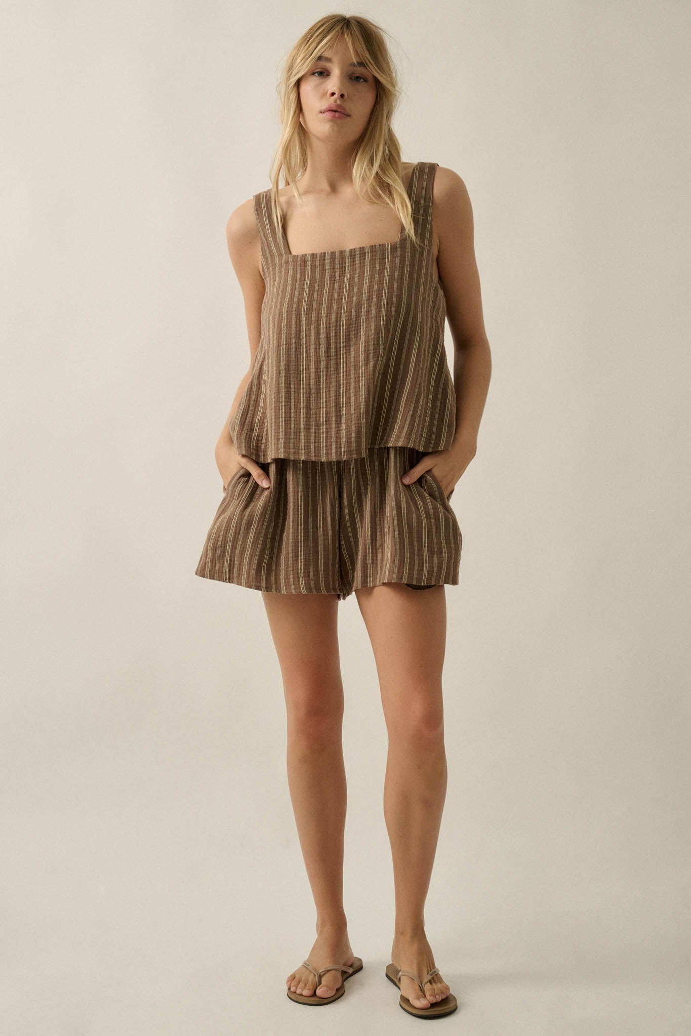 Tide Line Striped Cotton Sleeveless Layered Romper - ShopPromesa